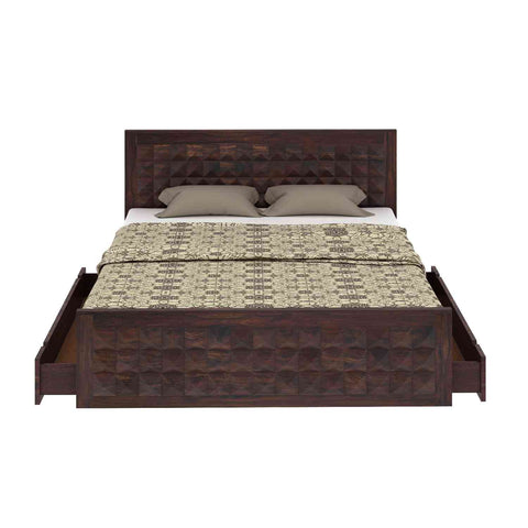 Sofia Solid Sheesham Wood Bed With Two Drawers (Queen Size, Walnut Finish)