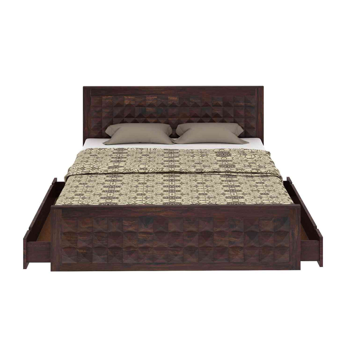 Sofia Solid Sheesham Wood Bed With Two Drawers (King Size, Walnut Finish)