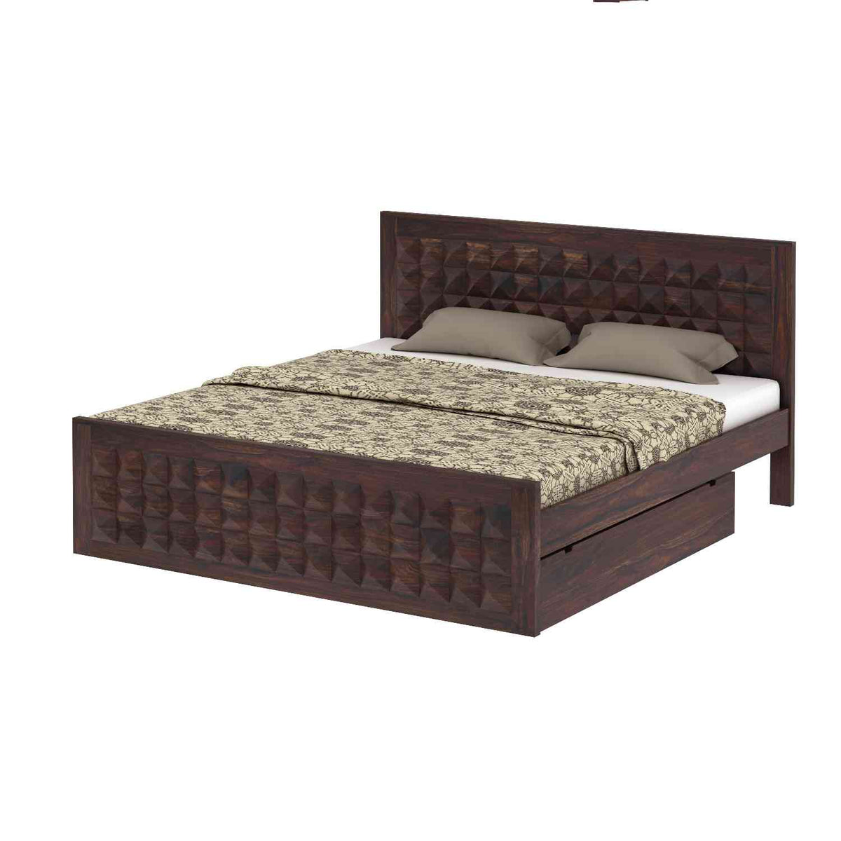Sofia Solid Sheesham Wood Bed With Two Drawers (Queen Size, Walnut Finish)