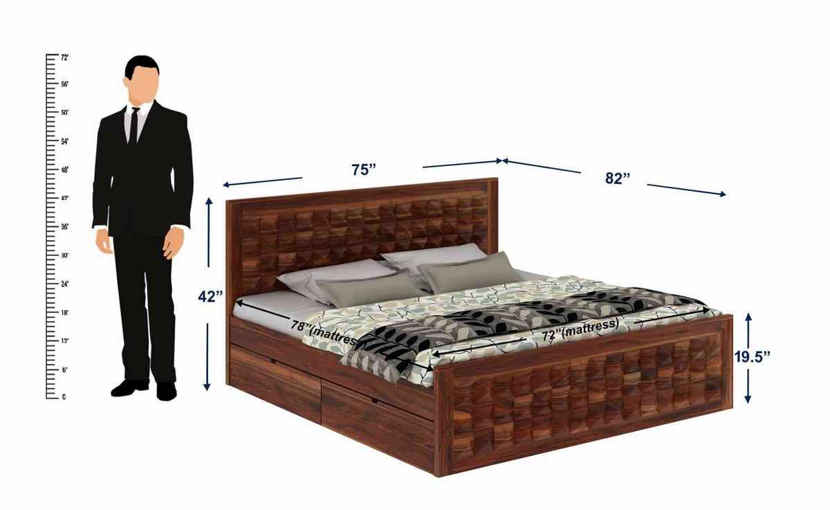 Sofia Solid Sheesham Wood Bed With Four Drawers (King Size, Natural Finish)