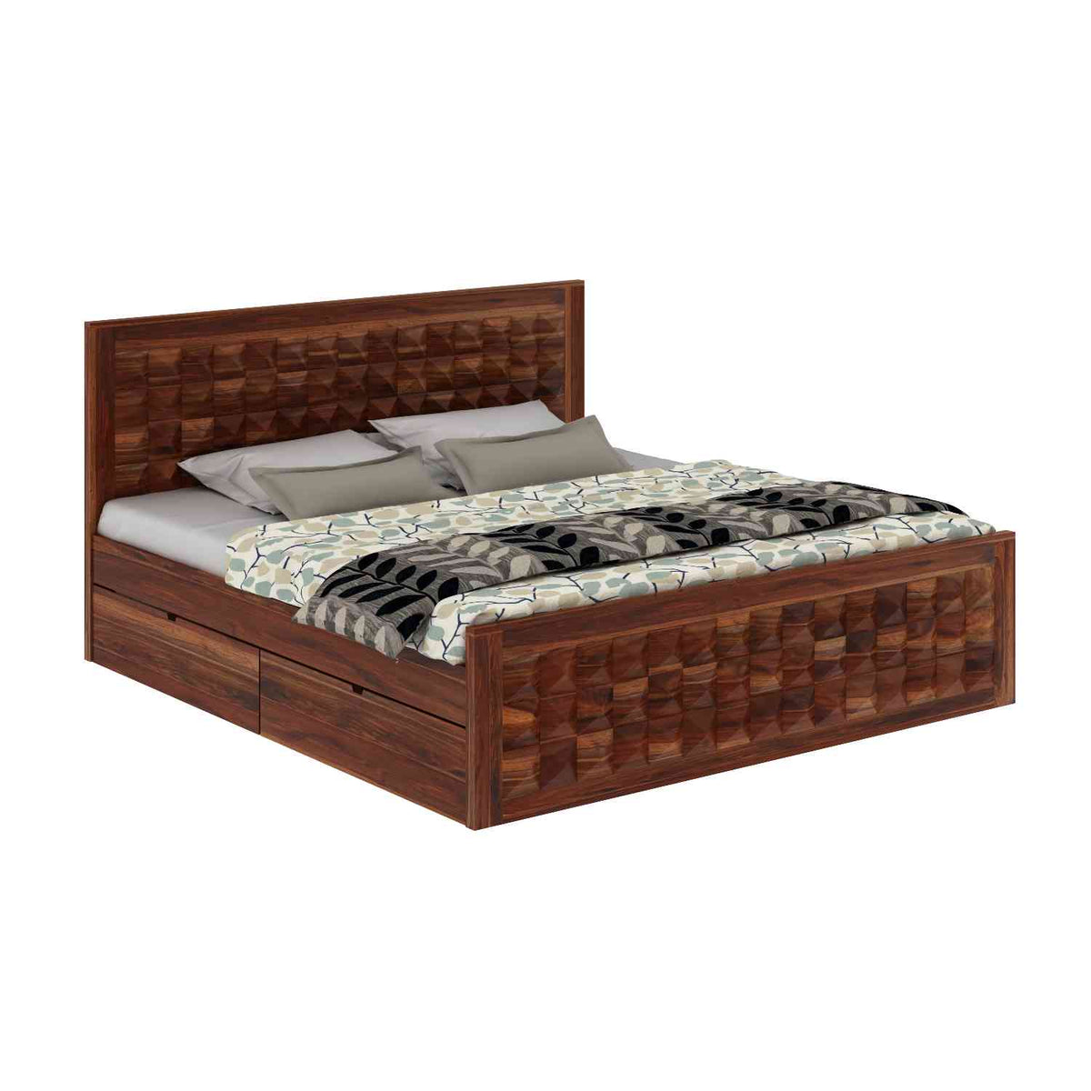 Sofia Solid Sheesham Wood Bed With Four Drawers (King Size, Natural Finish)