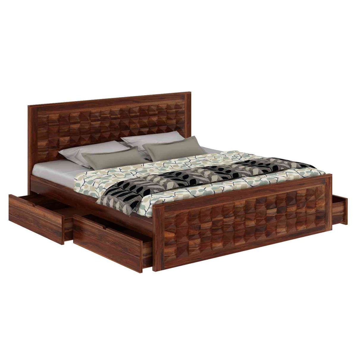 Sofia Solid Sheesham Wood Bed With Four Drawers (Queen Size, Natural Finish)