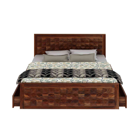 Sofia Solid Sheesham Wood Bed With Four Drawers (Queen Size, Natural Finish)