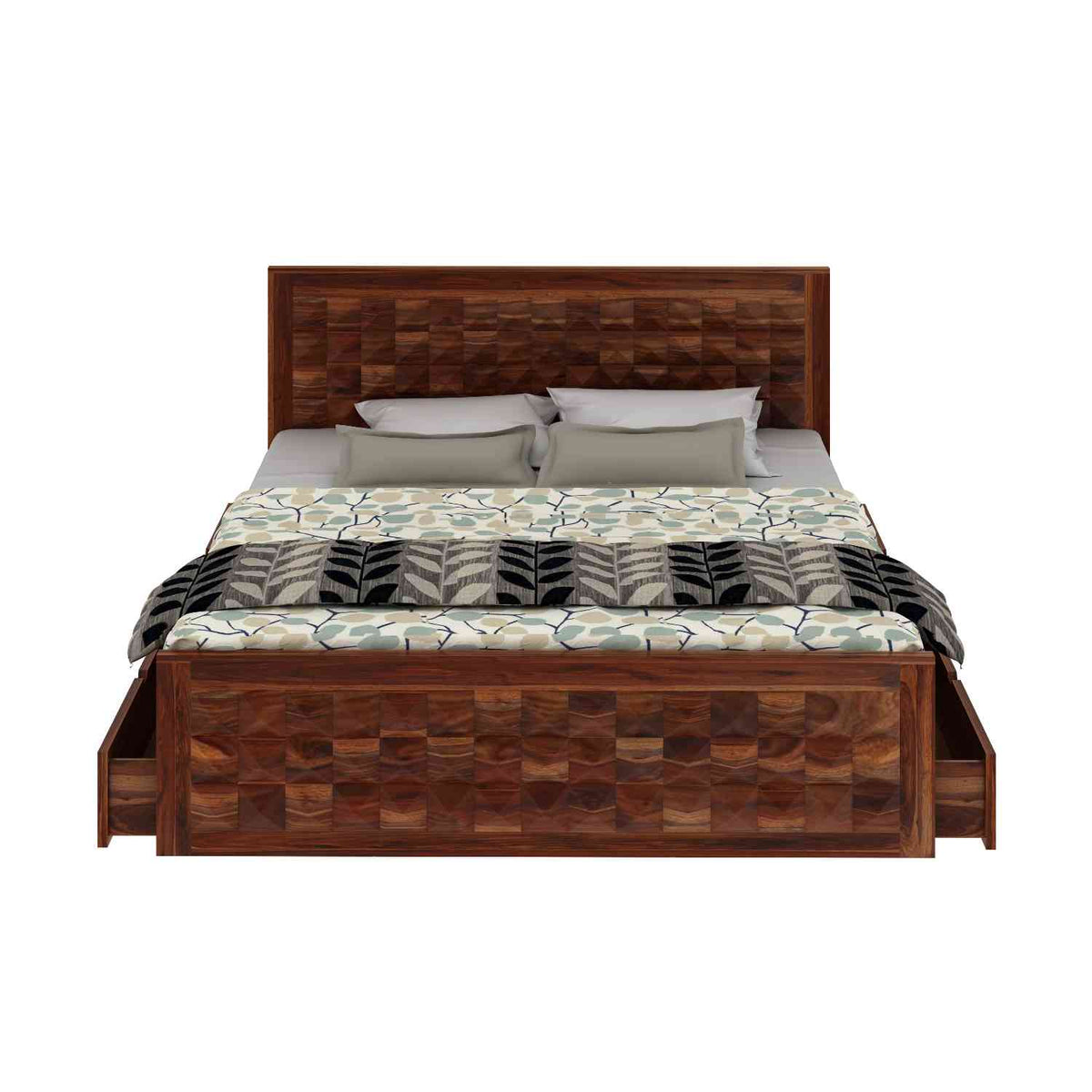Sofia Solid Sheesham Wood Bed With Four Drawers (King Size, Natural Finish)