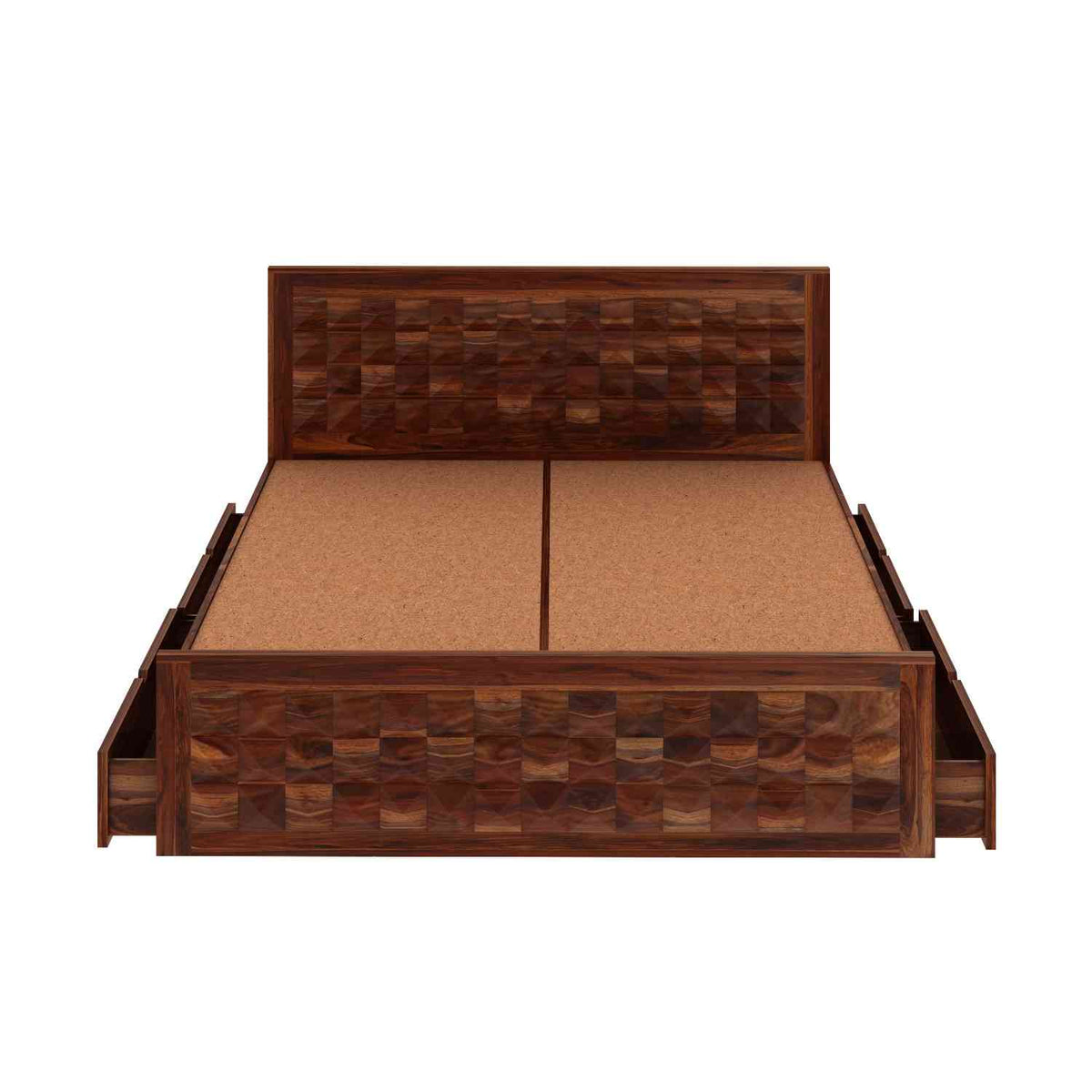 Sofia Solid Sheesham Wood Bed With Four Drawers (Queen Size, Natural Finish)