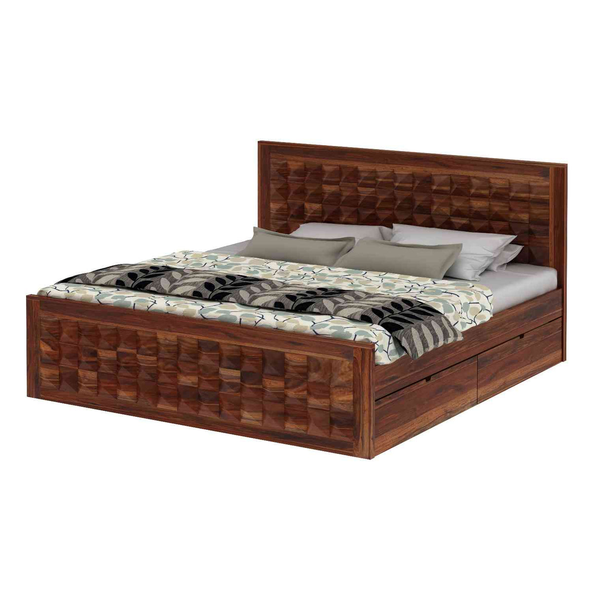 Sofia Solid Sheesham Wood Bed With Four Drawers (Queen Size, Natural Finish)