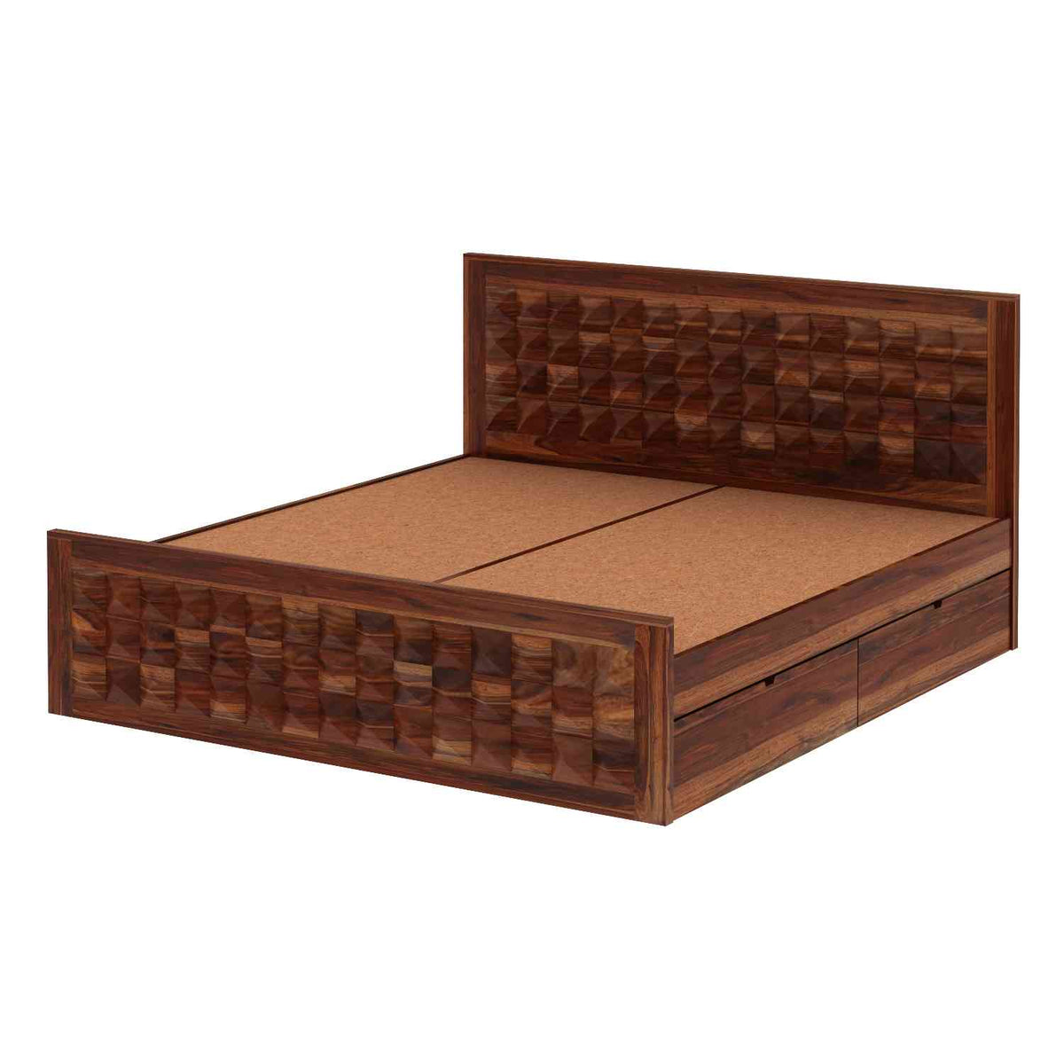 Sofia Solid Sheesham Wood Bed With Four Drawers (Queen Size, Natural Finish)