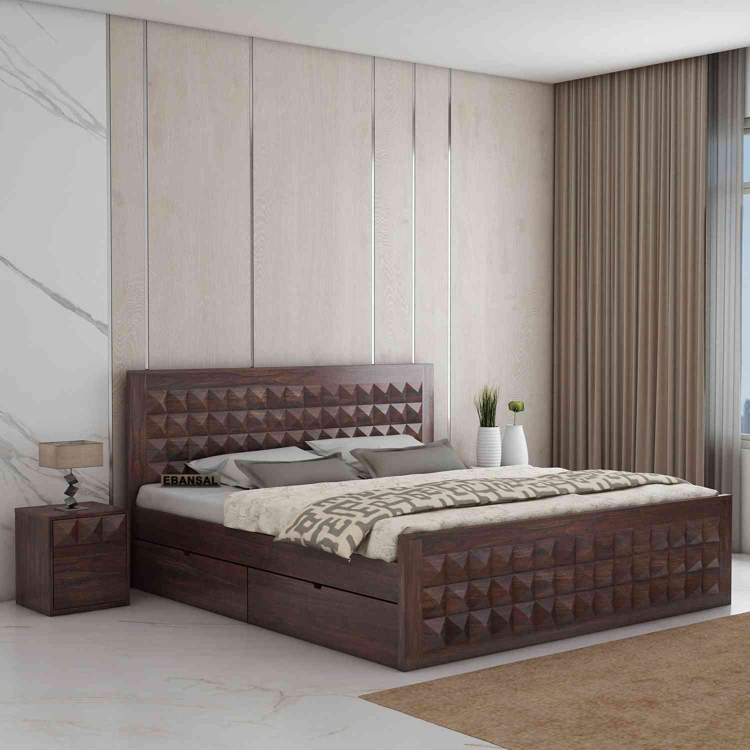 Sofia Solid Sheesham Wood Bed With Four Drawers (Queen Size, Walnut Finish)