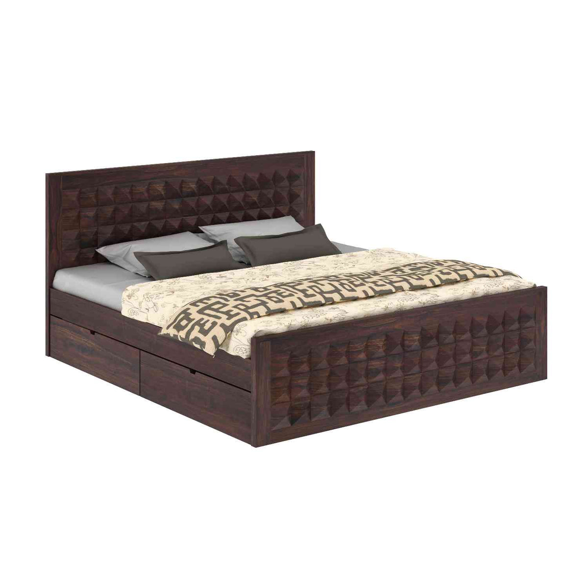 Sofia Solid Sheesham Wood Bed With Four Drawers (King Size, Walnut Finish)
