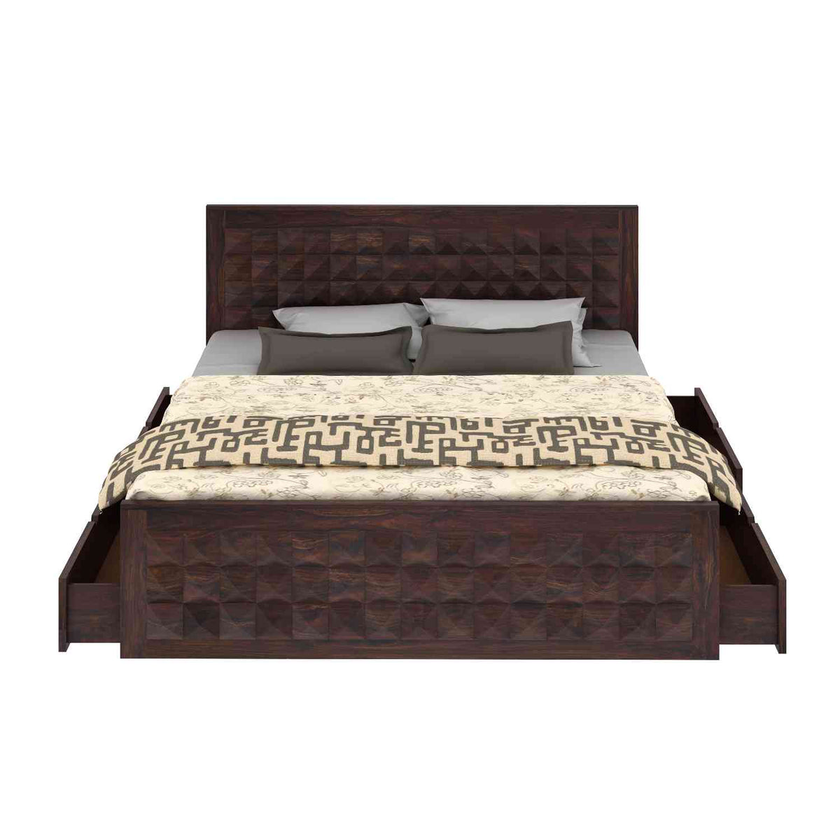 Sofia Solid Sheesham Wood Bed With Four Drawers (King Size, Walnut Finish)