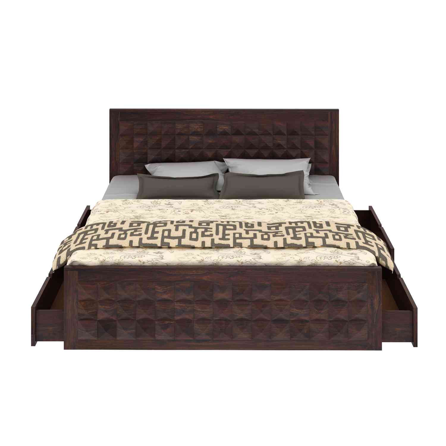 Sofia Solid Sheesham Wood Bed With Four Drawers (Queen Size, Walnut Finish)