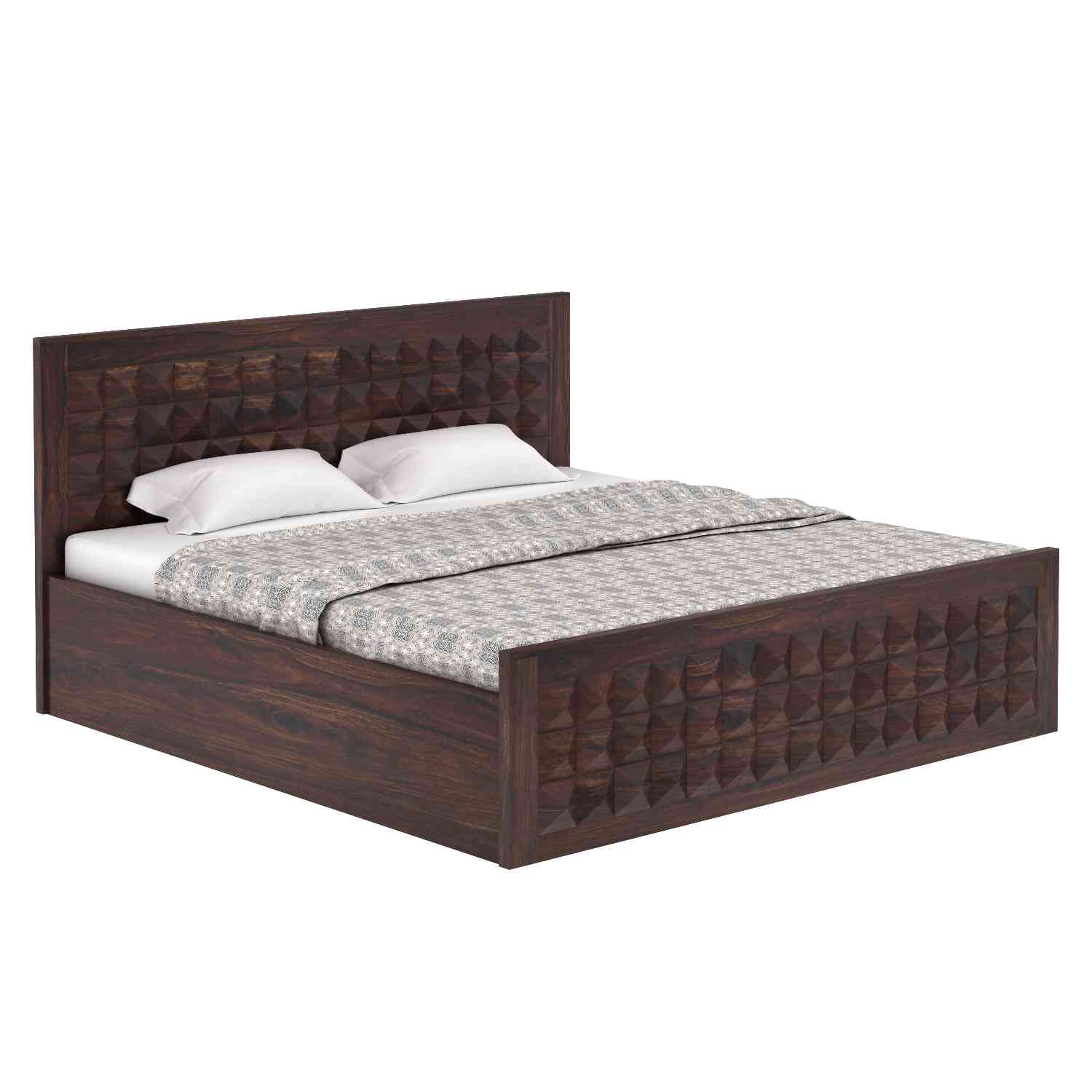 Sofia Solid Sheesham Wood Hydraulic Bed With Box Storage (Queen Size, Walnut Finish)