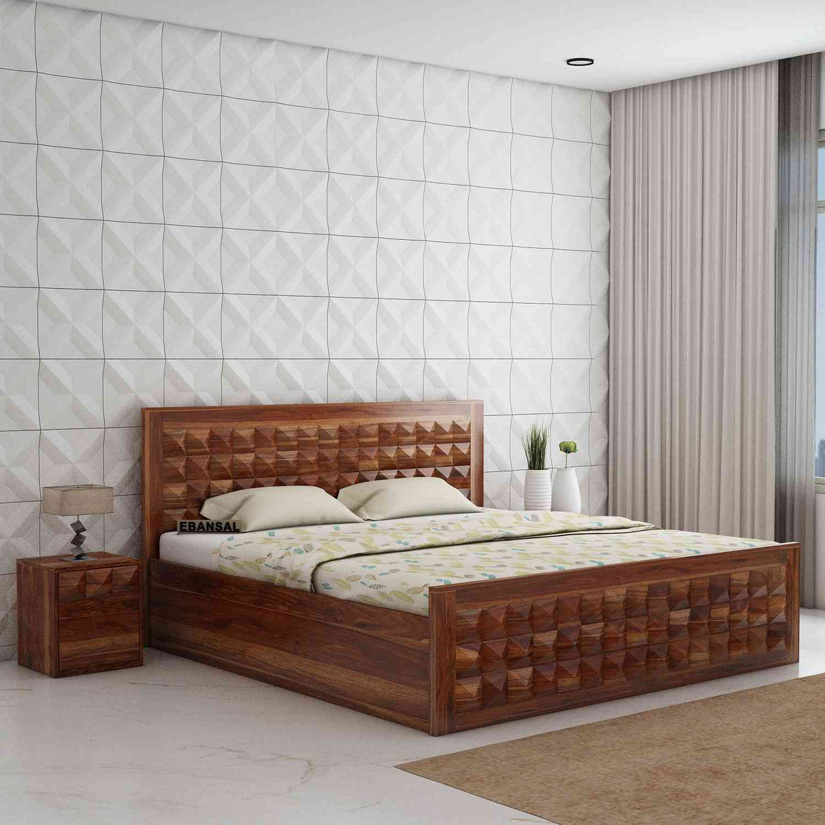 Sofia Solid Sheesham Wood Bed With Box Storage (Queen Size, Natural Finish)