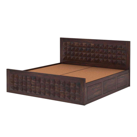 Sofia Solid Sheesham Wood Bed With Box Storage (King Size, Walnut Finish)