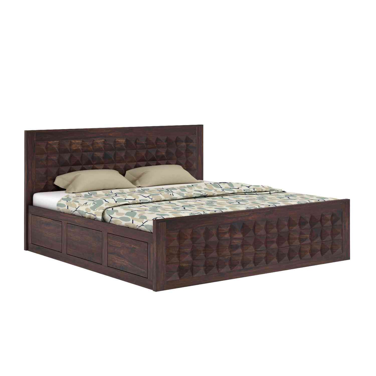 Sofia Solid Sheesham Wood Bed With Box Storage (Queen Size, Walnut Finish)