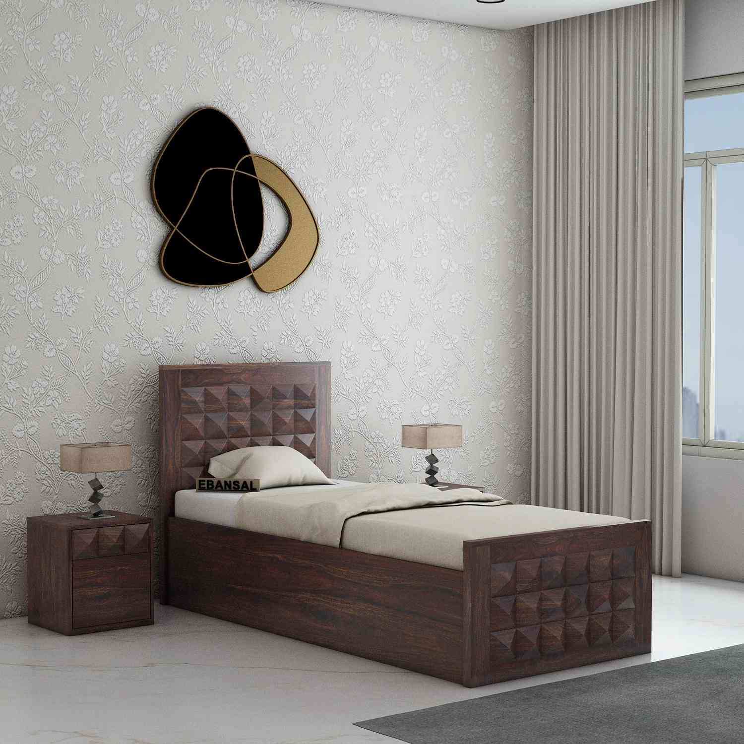 Sofia Solid Sheesham Wood Single Bed With Box Storage (Walnut Finish)