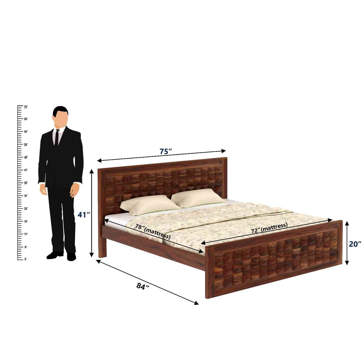 Sofia Solid Sheesham Wood Bed Without Storage (King Size, Natural Finish)