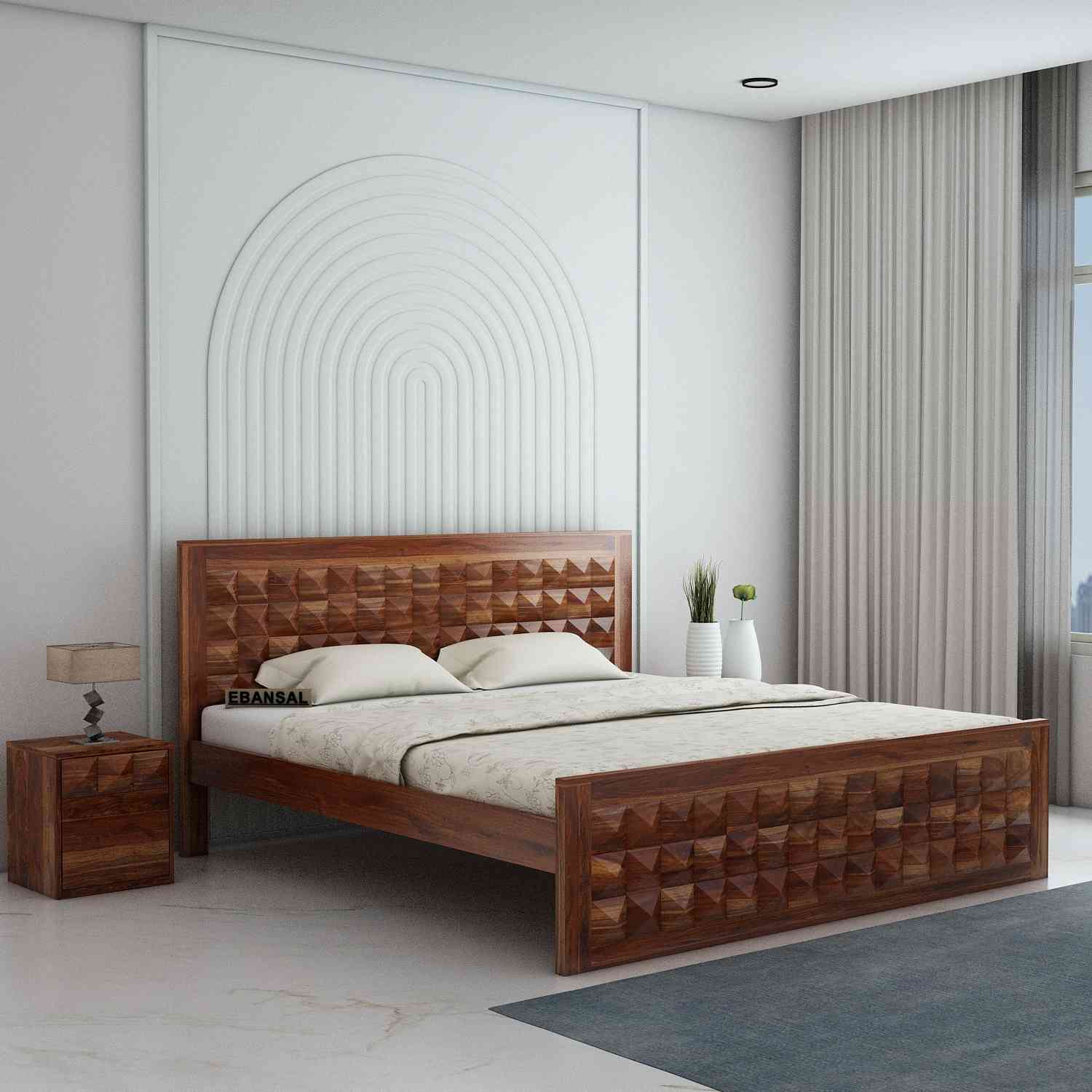 Sofia Solid Sheesham Wood Bed Without Storage (Queen Size, Natural Finish)