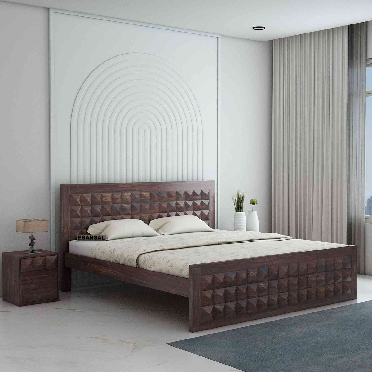 Sofia Solid Sheesham Wood Bed Without Storage (Queen Size, Walnut Finish)