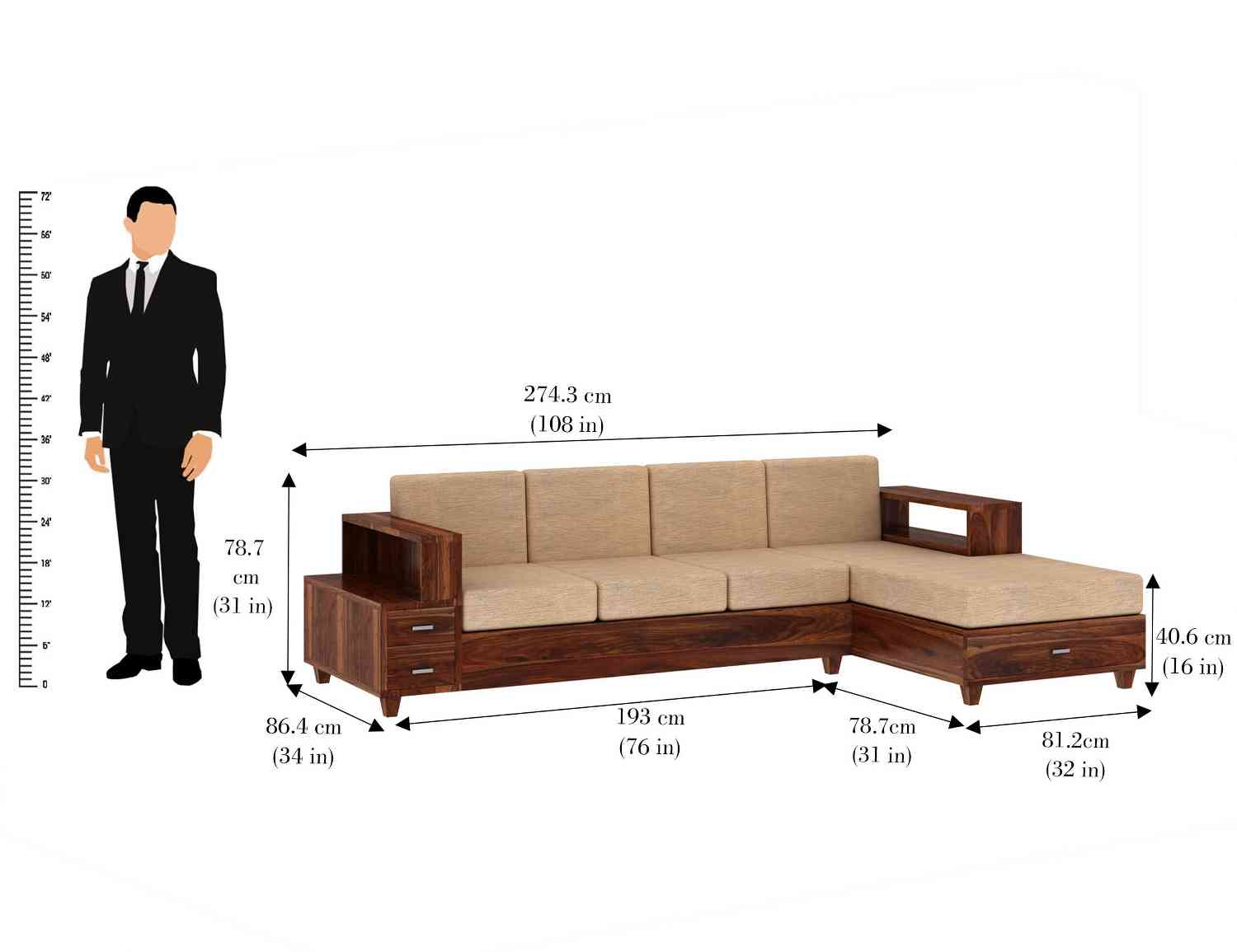 Woodora Solid Sheesham Wood 4 Seater L Shape Sofa (Natural Finish)