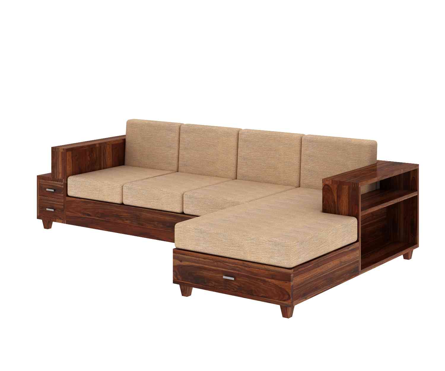 Woodora Solid Sheesham Wood 4 Seater L Shape Sofa (Natural Finish)