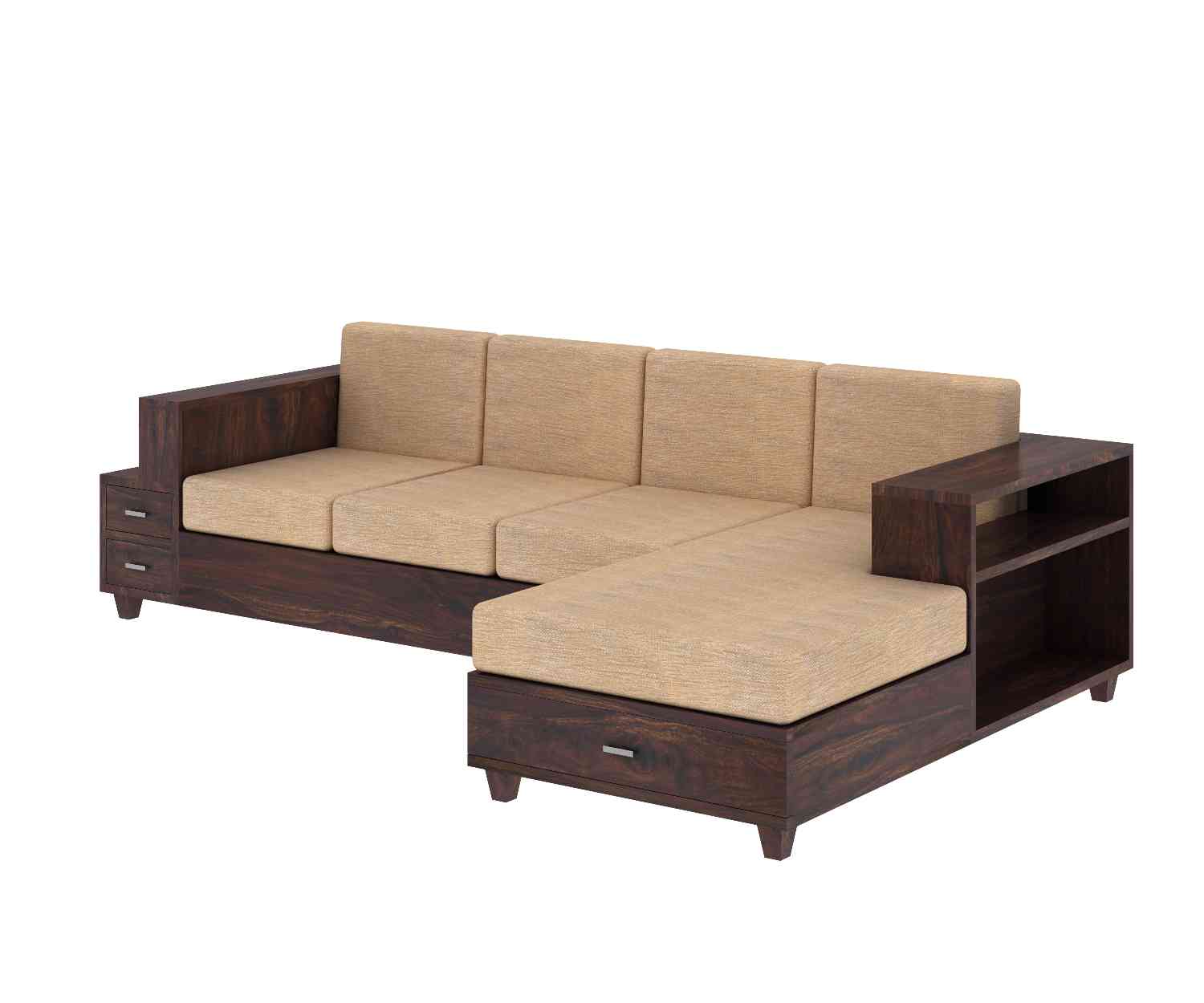 Woodora Solid Sheesham Wood 4 Seater L Shape Sofa (Walnut Finish)