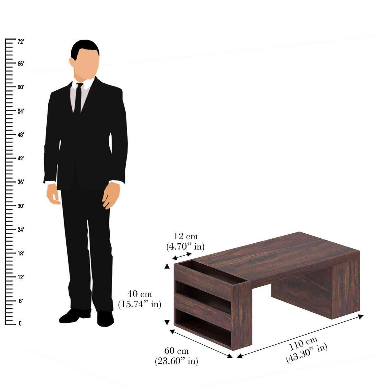 Maria Solid Sheesham Wood Coffee Table With Side Storage (Walnut Finish)