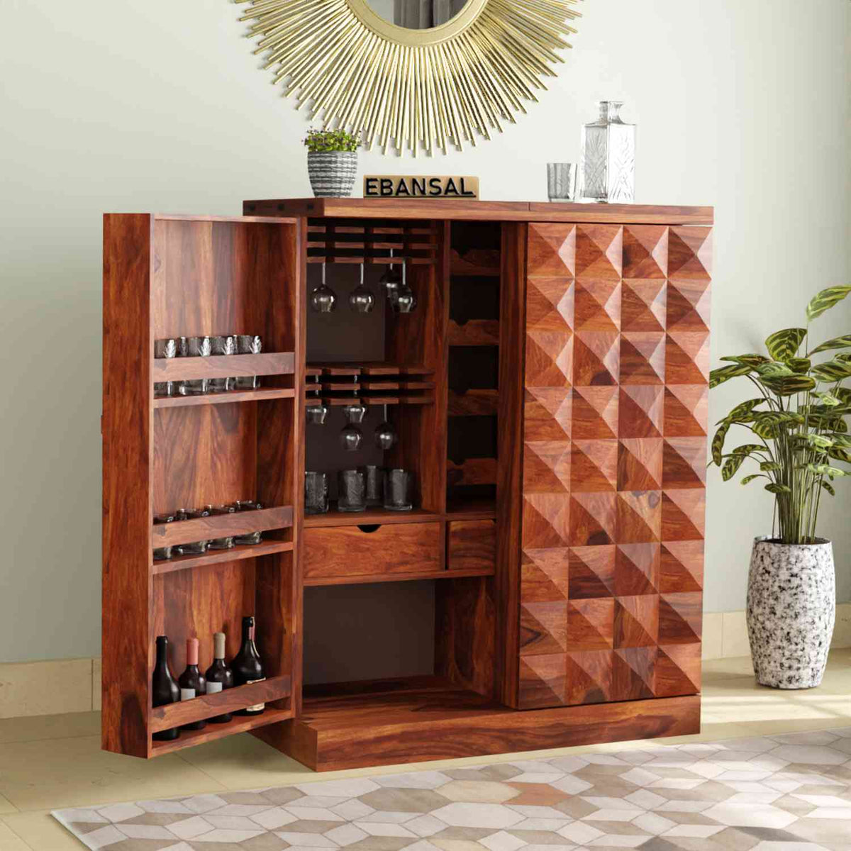 Sofia Solid Sheesham Wood Bar Cabinet (Big Size, Walnut Finish)