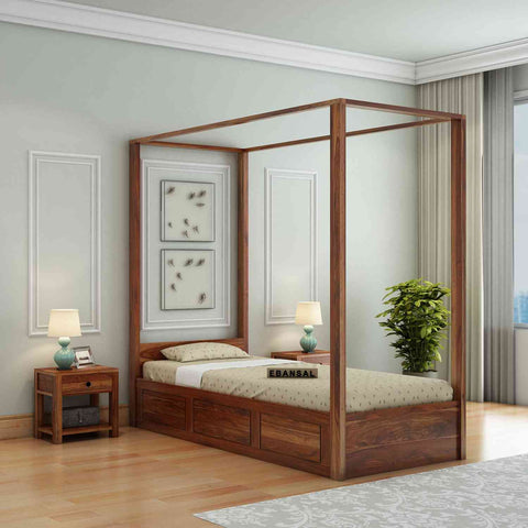 Solivo Solid Sheesham Wood Single Bed With Box Storage (Natural Finish)