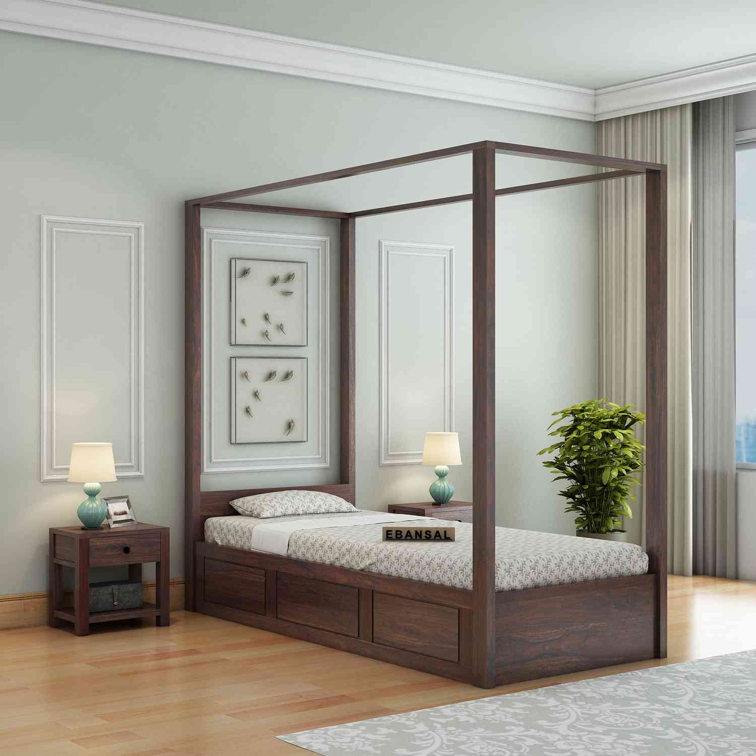 Solivo Solid Sheesham Wood Single Bed With Box Storage (Walnut Finish)