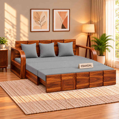 Mobell Solid Sheesham Wood 3 Seater Sofa Cum Bed (Natural Finish, Light Grey)
