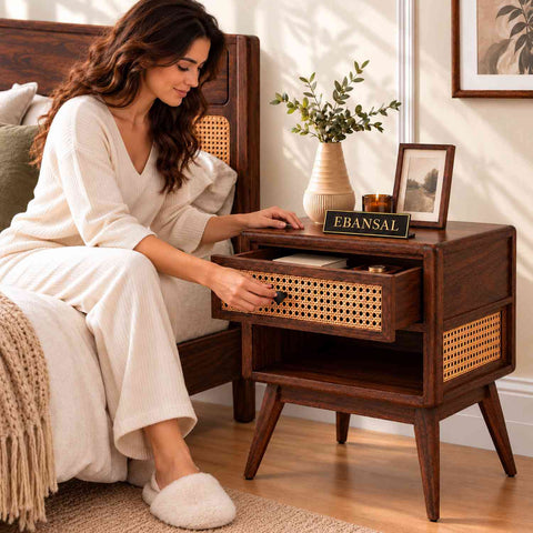 Canejoy Solid Sheesham Wood Bedside Table With 1 Drawer (Walnut Finish)