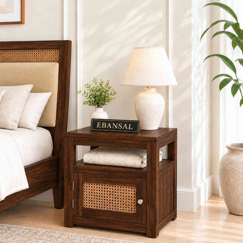 Canejoy Solid Sheesham Wood Bedside Table With 1 Door (Walnut Finish)