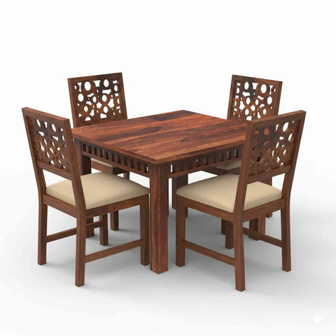 Rubikk Solid Sheesham Wood 4 Seater Dining Set (With Cushion, Natural Finish)