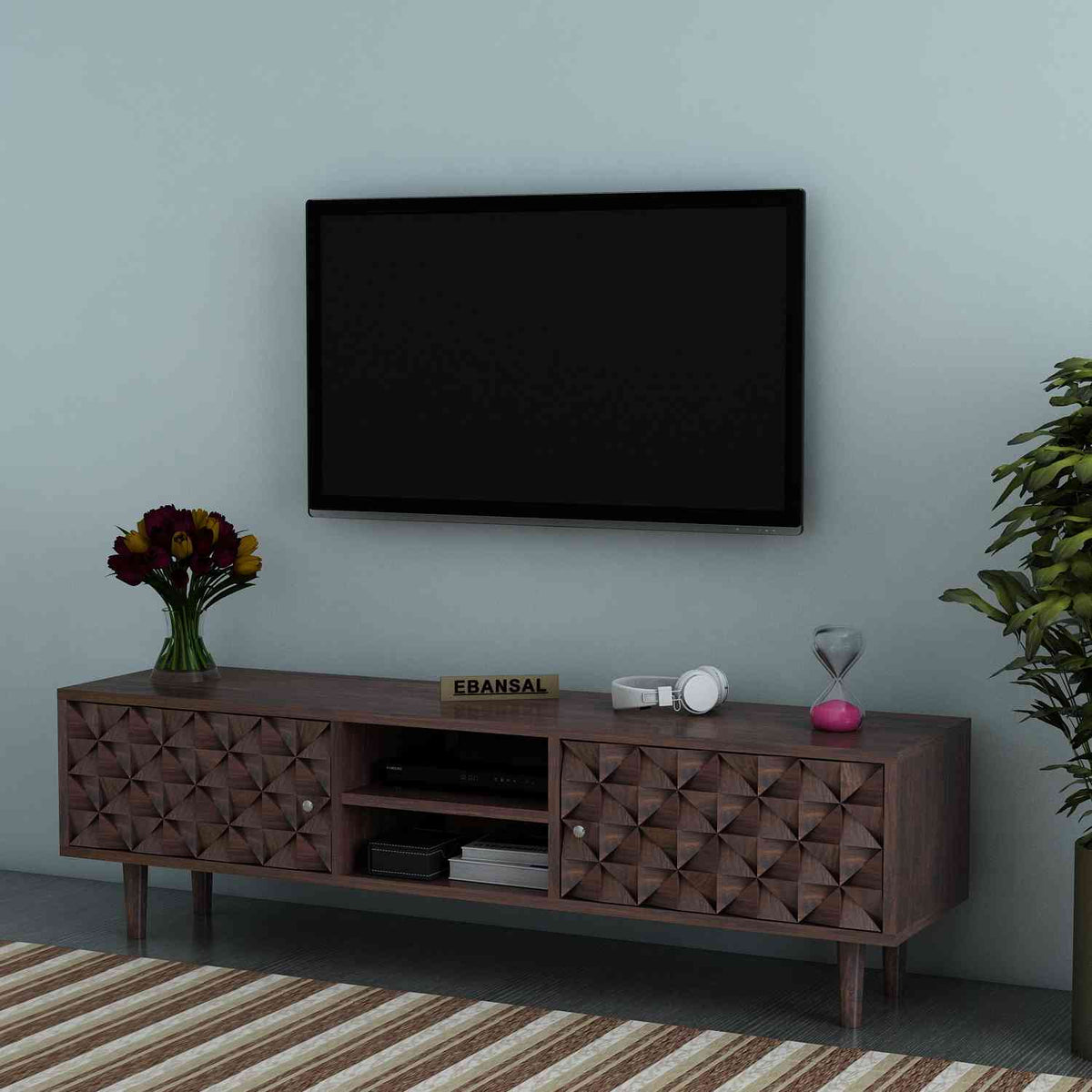 Teblonn Solid Sheesham Wood TV Unit (Walnut Finish)