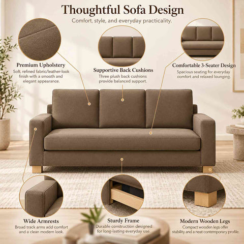 Cozychic 3 Seater Sofa (Brown Fabric)