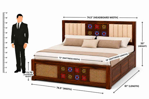 Canejoy Solid Sheesham Wood Bed With Box Storage (King Size, Natural Finish, Design 2)