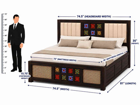 Canejoy Solid Sheesham Wood Bed With Box Storage (King Size, Walnut Finish, Design 2)