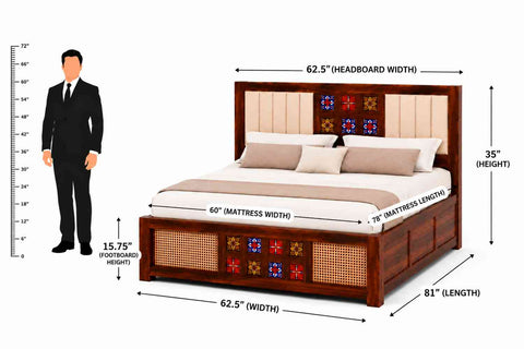 Canejoy Solid Sheesham Wood Bed With Box Storage (Queen Size, Natural Finish, Design 2)