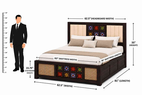 Canejoy Solid Sheesham Wood Bed With Box Storage (Queen Size, Walnut Finish, Design 2)