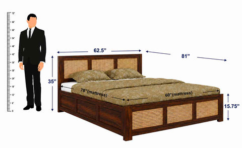 Canejoy Solid Sheesham Wood Hydraulic Bed With Box Storage (Queen Size, Walnut Finish, Design 1)
