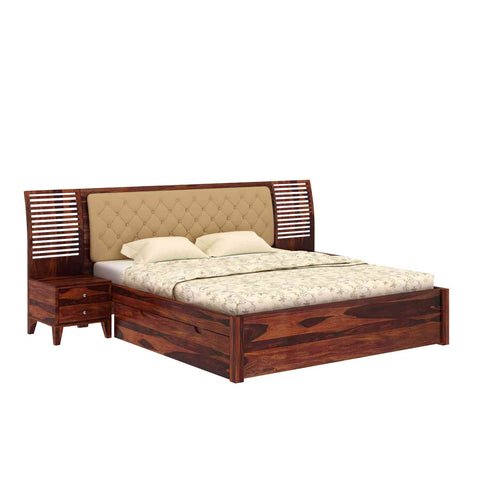 Befree Solid Sheesham Wood Drawer Storage Bed With Two Side Tables (King Size, Natural Finish)