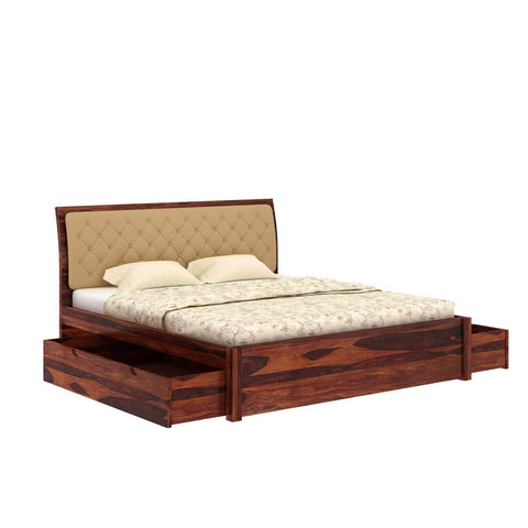 Befree Solid Sheesham Wood Drawer Storage Bed With Two Side Tables (King Size, Natural Finish)