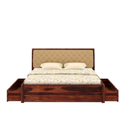 Befree Solid Sheesham Wood Drawer Storage Bed With Two Side Tables (Queen Size, Natural Finish)