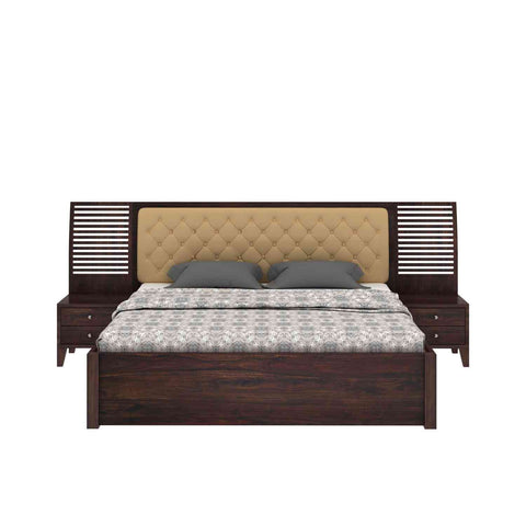 Befree Solid Sheesham Wood Drawer Storage Bed With Two Side Tables (King Size, Walnut Finish)