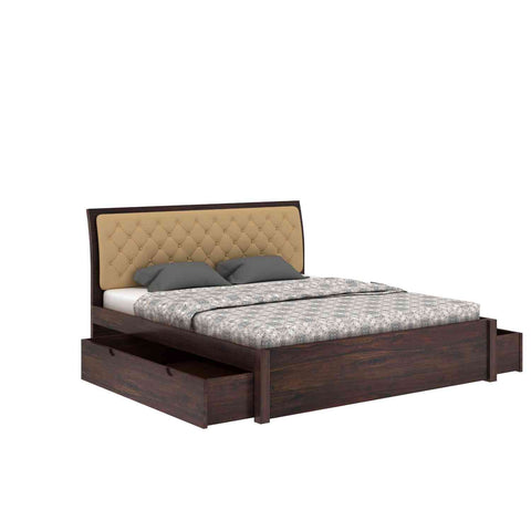 Befree Solid Sheesham Wood Drawer Storage Bed With Two Side Tables (Queen Size, Walnut Finish)