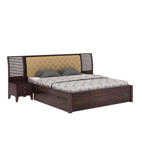 Befree Solid Sheesham Wood Drawer Storage Bed With Two Side Tables (King Size, Walnut Finish)