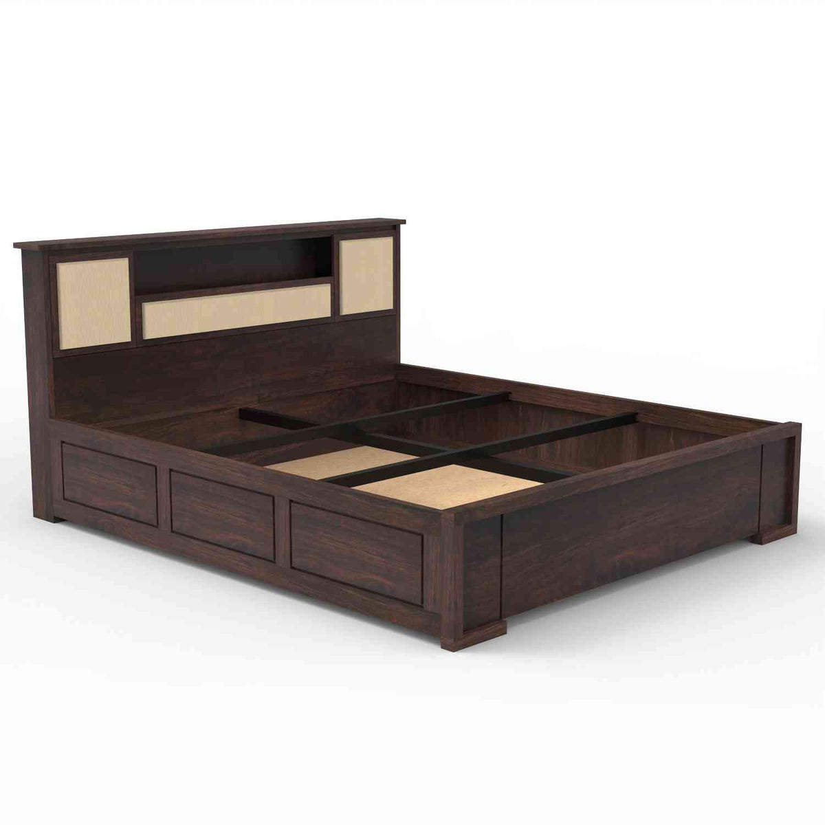 Feelinn Solid Sheesham Wood Bed With Box Storage (King Size, Walnut Finish)