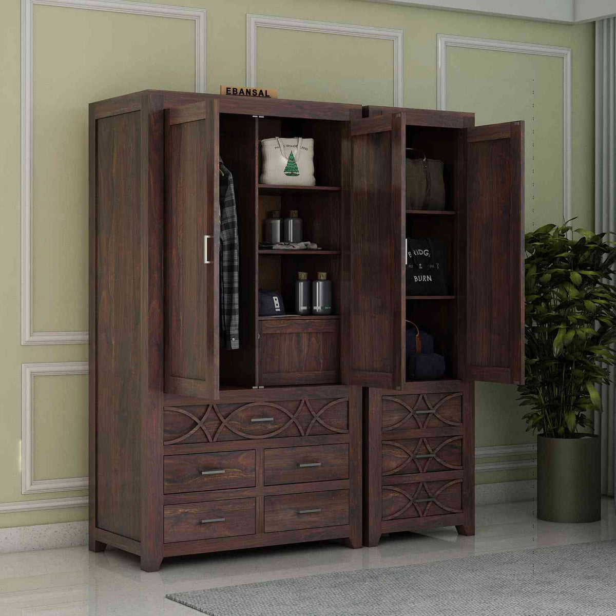 Livinn Solid Sheesham Wood Wardrobe Set (Walnut Finish)