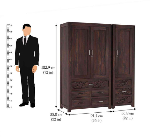 Livinn Solid Sheesham Wood Wardrobe Set (Walnut Finish)